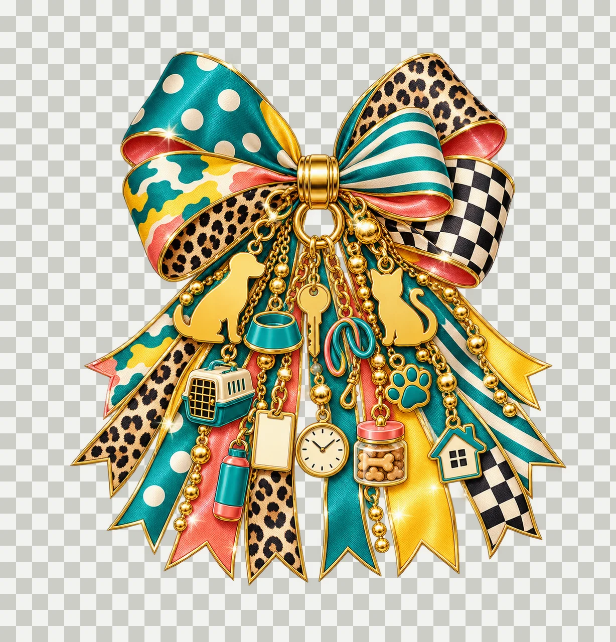 Pet Sitter Bow Charm PNG, Themed Gold Chain Charms, Coquette Ribbon Sublimation Design, Transparent Digital Download transparency and detail preview thumbnail