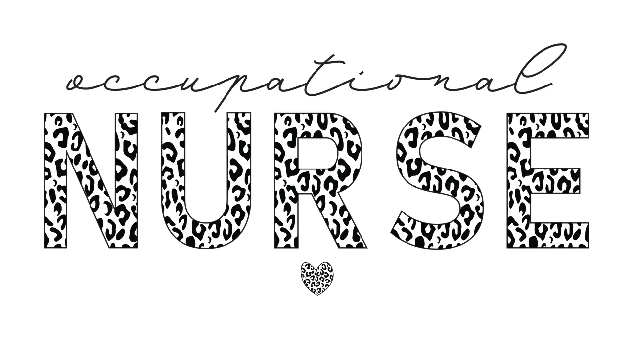 Occupational NURSE monochrome nurse typography with cursive script font, block uppercase letters, leopard spot pattern fill and small patterned heart in black and white