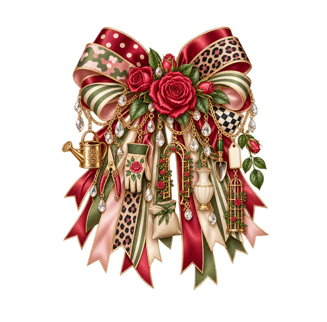 Rose Lover Bow Charm PNG, Gold Chain Charms, Transparent Sublimation Design, Digital Download