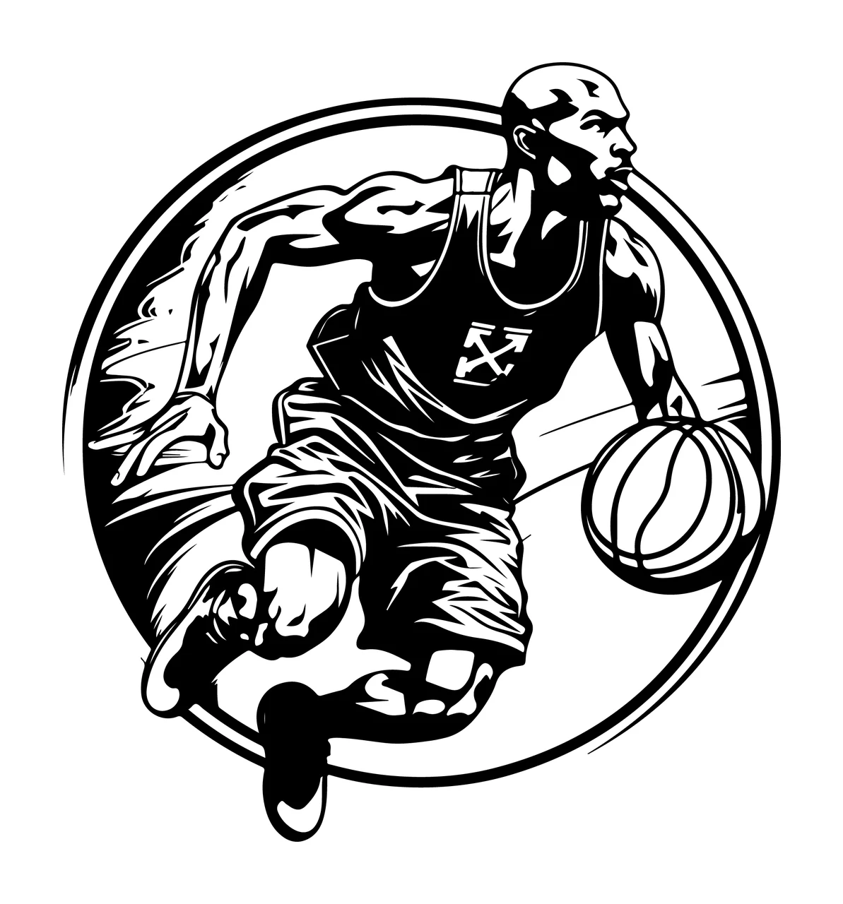 Player Basketball Dribbling In Circle jersey black white sports