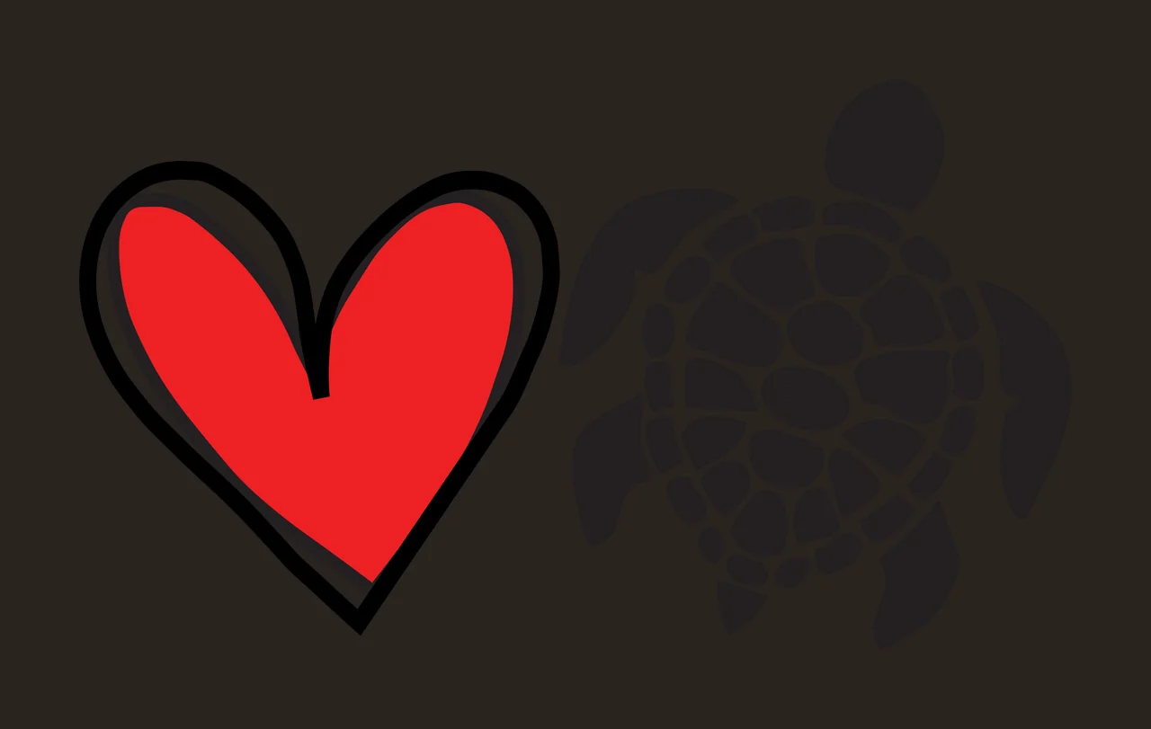 Sea turtle silhouette and red heart Illustration with black sea turtle silhouette, shell pattern and black outline in white contrast preview thumbnail