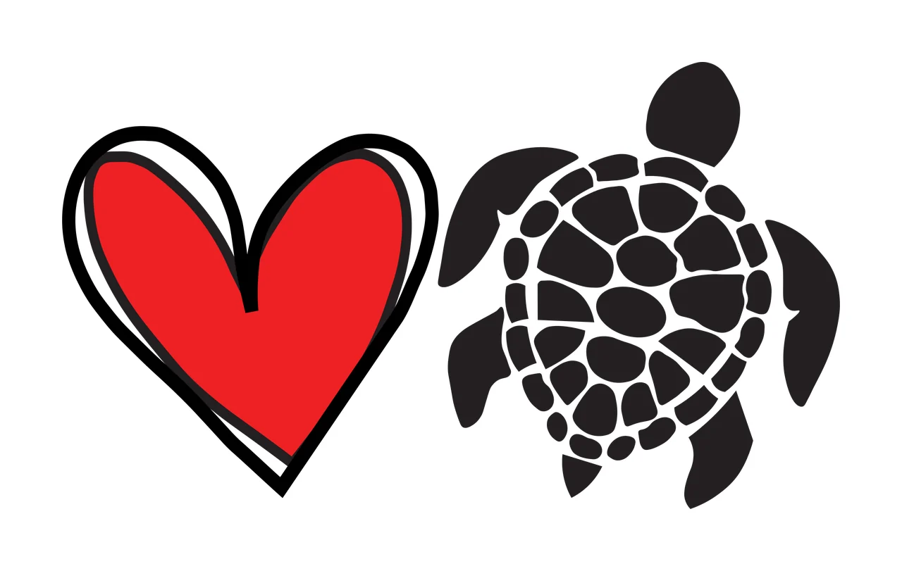 Sea turtle silhouette and red heart Illustration with black sea turtle silhouette, shell pattern and black outline in white