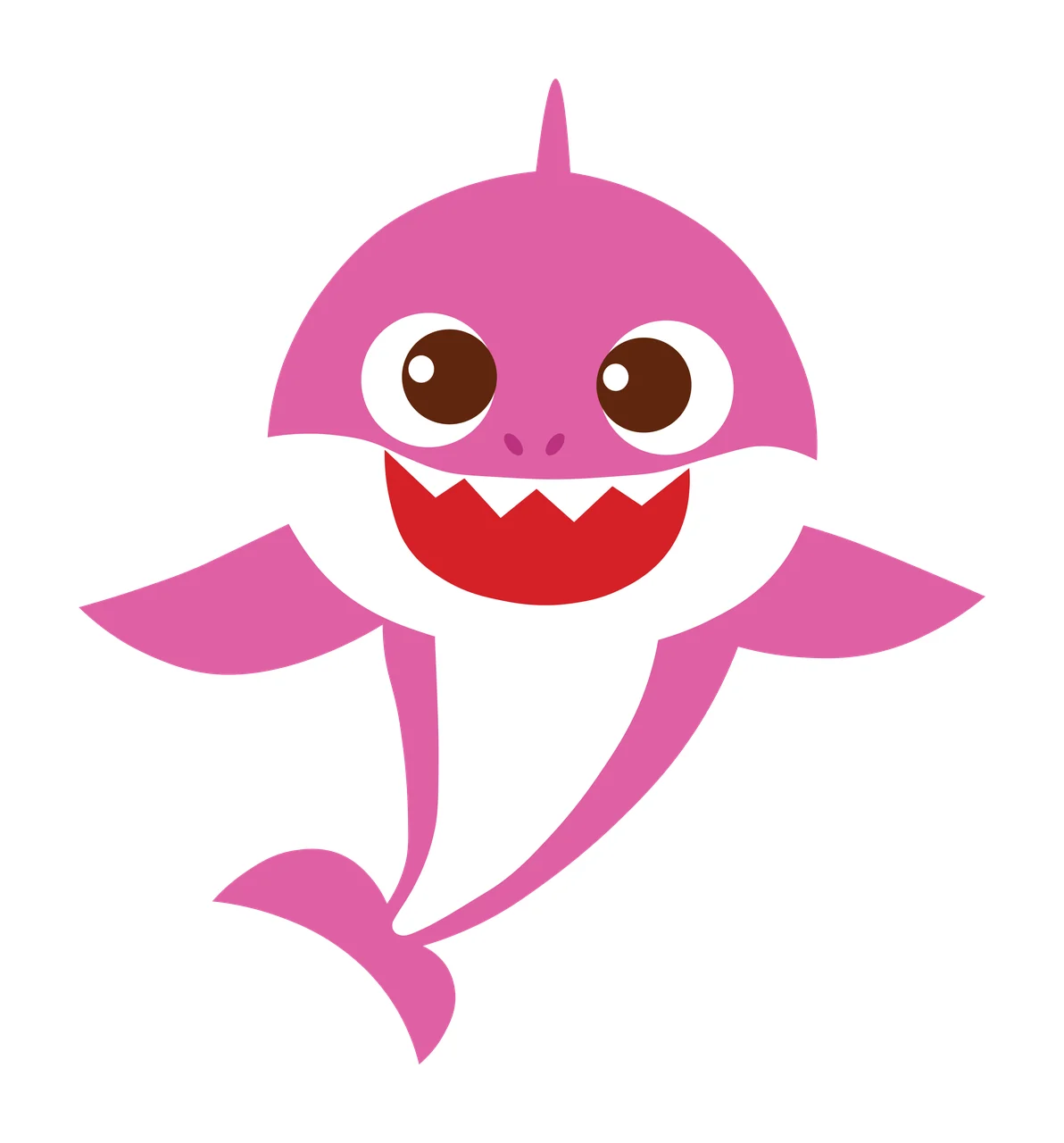 Pink cartoon shark character Illustration with pink shark body, white belly, brown eyes and red mouth with white teeth