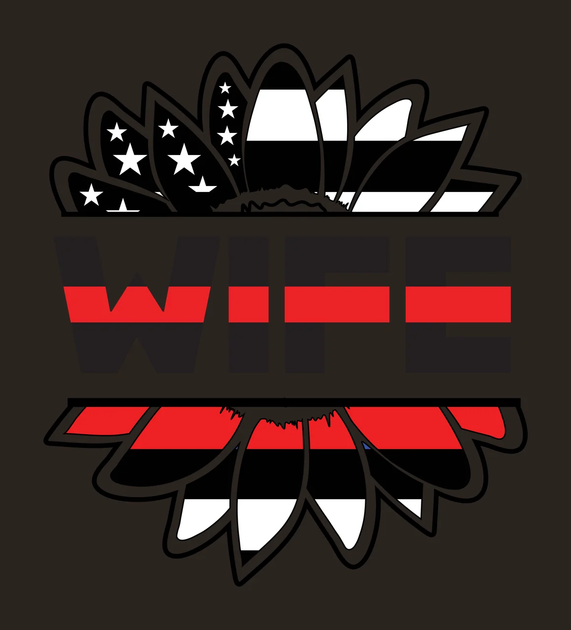 WIFE Typography Design with sunflower petals, stars and stripes, text WIFE and thin red line in black and white contrast preview thumbnail