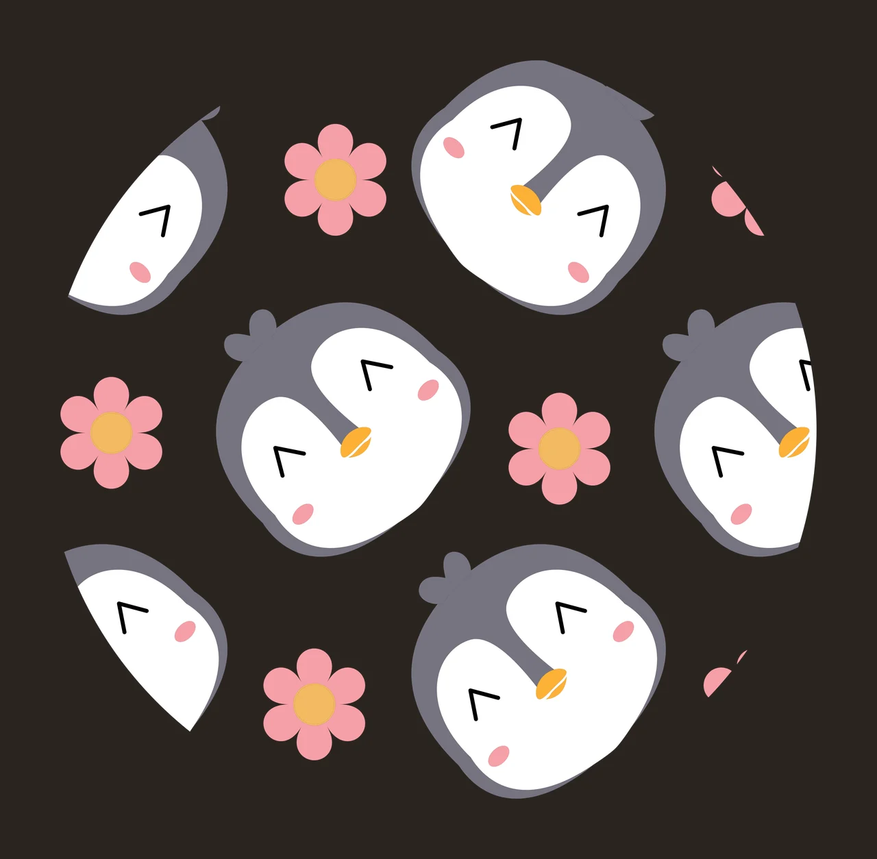 Keychain Circular Penguin And Flower Pattern Penguins flowers contrast preview thumbnail