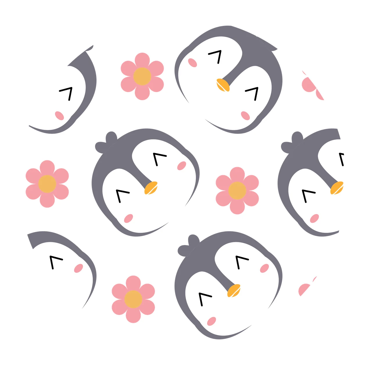 Keychain Circular Penguin And Flower Pattern Penguins flowers