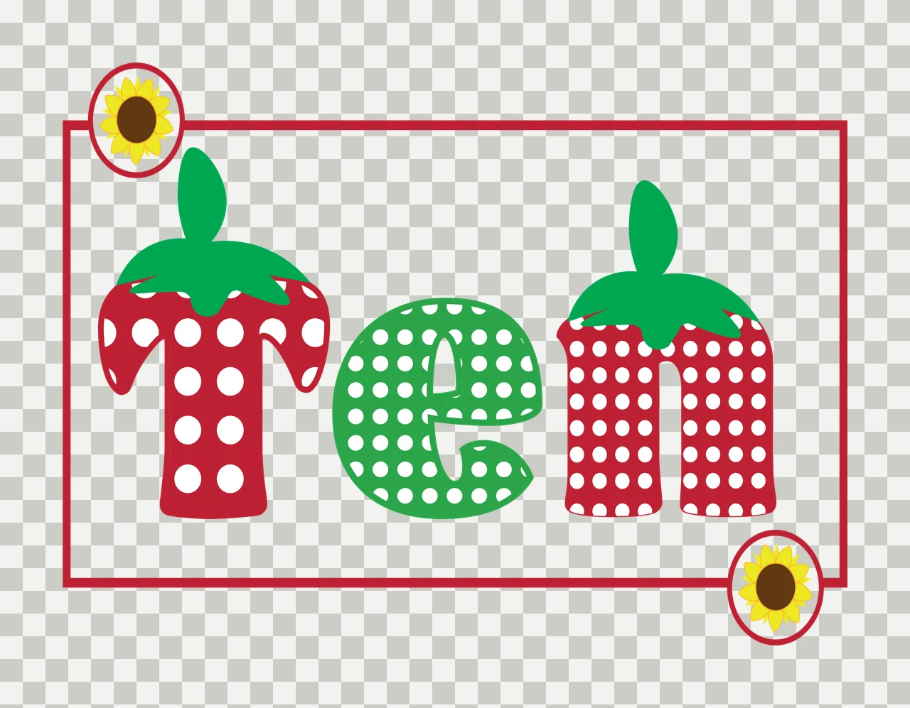 Ten Typography Design with polka dot lettering, strawberry stems, rectangular frame and sunflower emblems in red, green and white transparency and detail preview thumbnail
