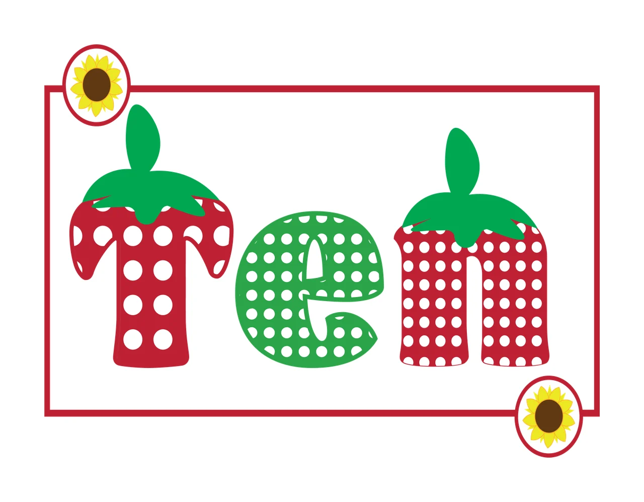 Ten Typography Design with polka dot lettering, strawberry stems, rectangular frame and sunflower emblems in red, green and white