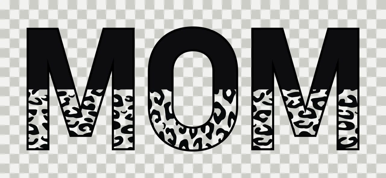 MOM Typography Design with bold sans-serif letters, leopard print pattern and solid black blocks in white transparency and detail preview thumbnail