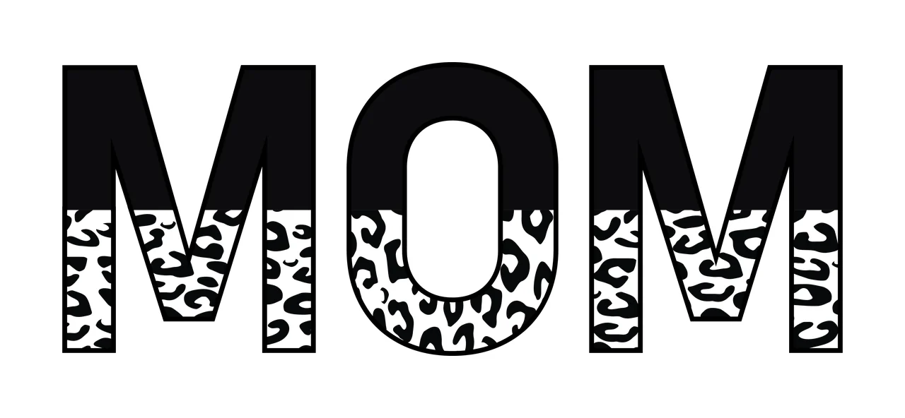 MOM Typography Design with bold sans-serif letters, leopard print pattern and solid black blocks in white