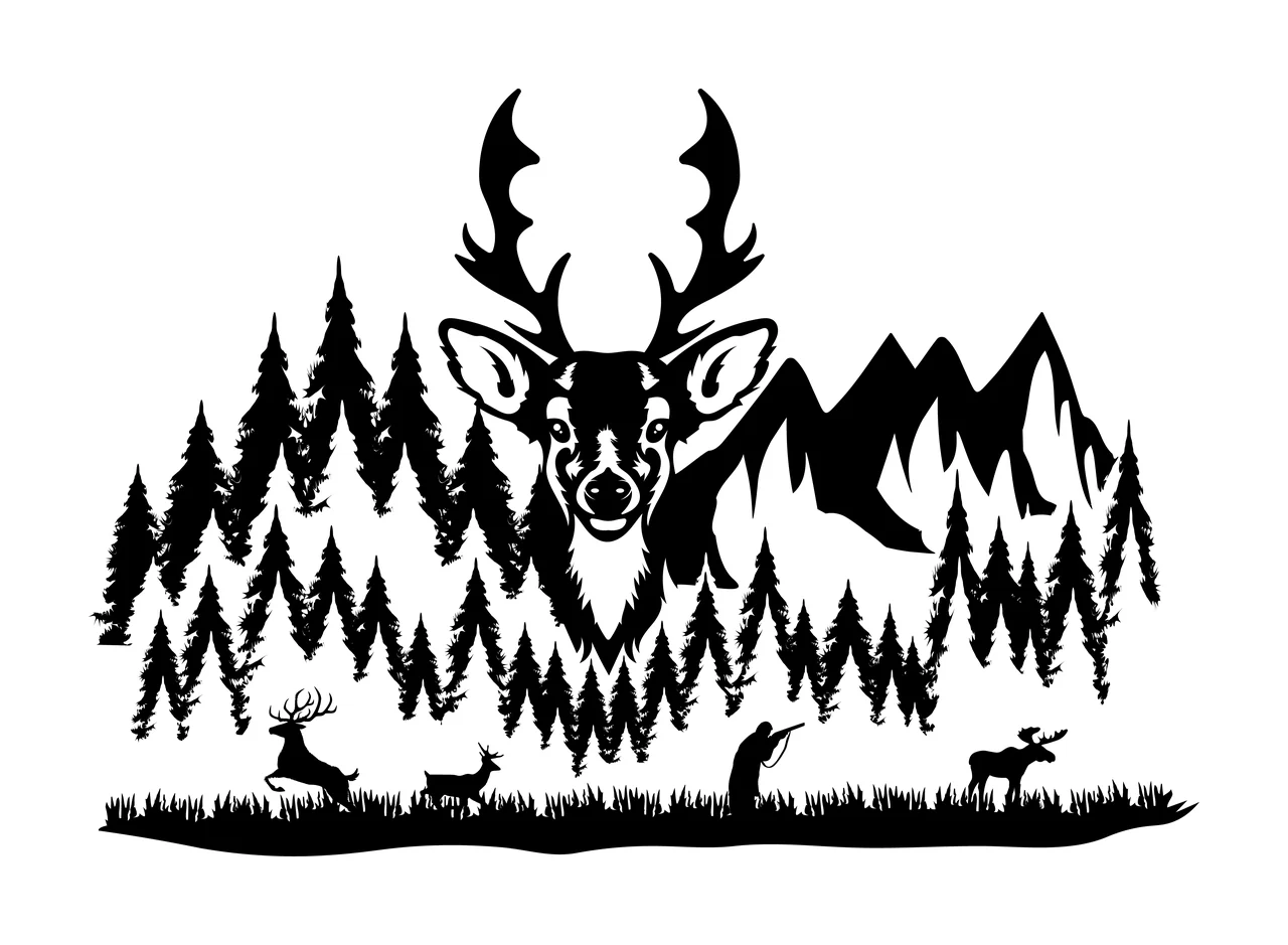 Deer Head Mountain Forest Silhouette Scene standing mountains