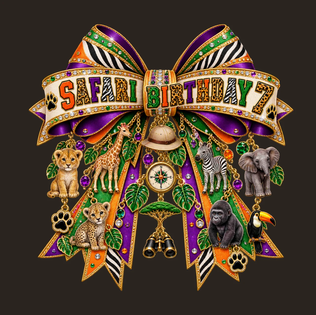 Safari Birthday 7 Bow Charm PNG, Jungle Animal Birthday Clipart, Transparent Sublimation Digital Download contrast preview thumbnail