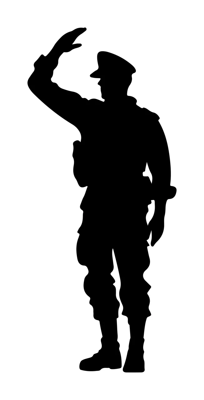 Black Silhouette Of A Standing Figure In Uniform saluting hat