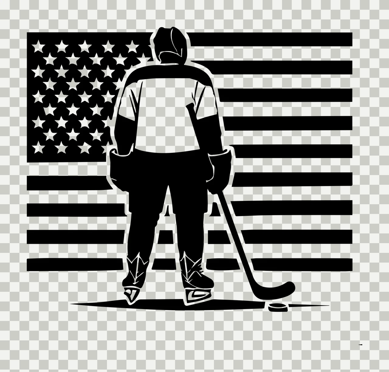 Hockey Player Silhouette With Striped Flag standing stick puck transparency and detail preview thumbnail