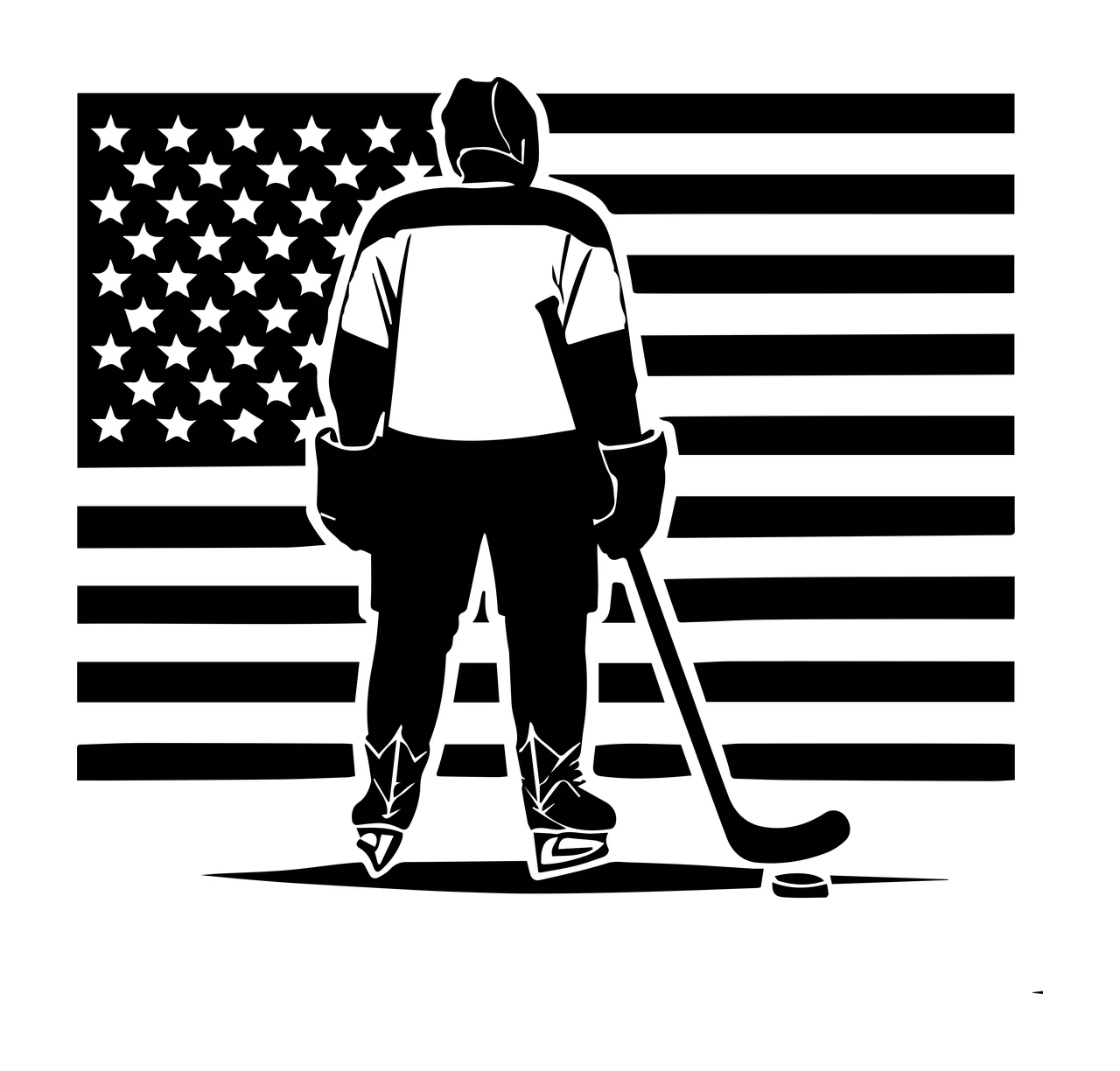 Hockey Player Silhouette With Striped Flag standing stick puck