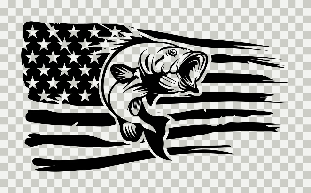 American Flag With Jumping Fish Graphic black white plain monochrome transparency and detail preview thumbnail