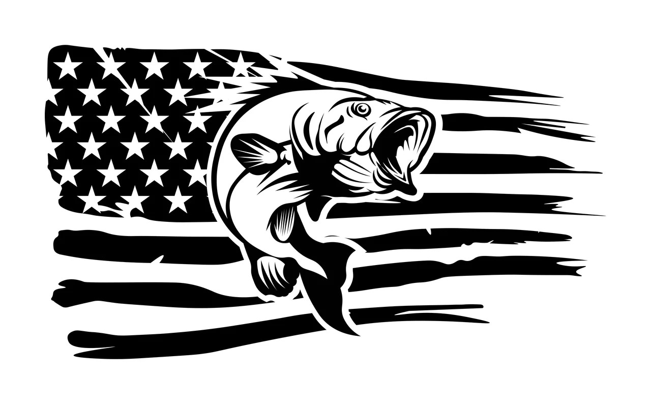 American Flag With Jumping Fish Graphic black white plain monochrome