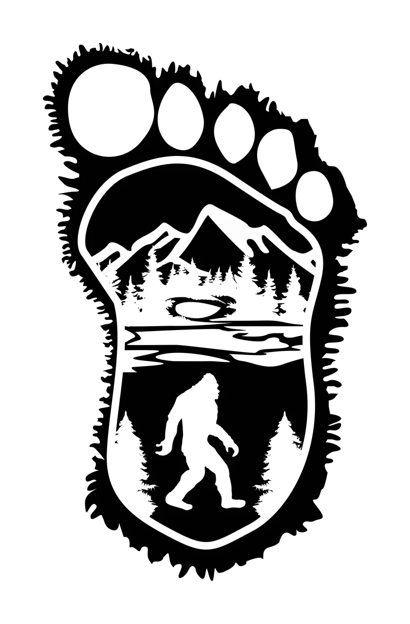 Bigfoot silhouette Illustration with jagged-edged footprint, mountain range, pine forest and lake in black and white