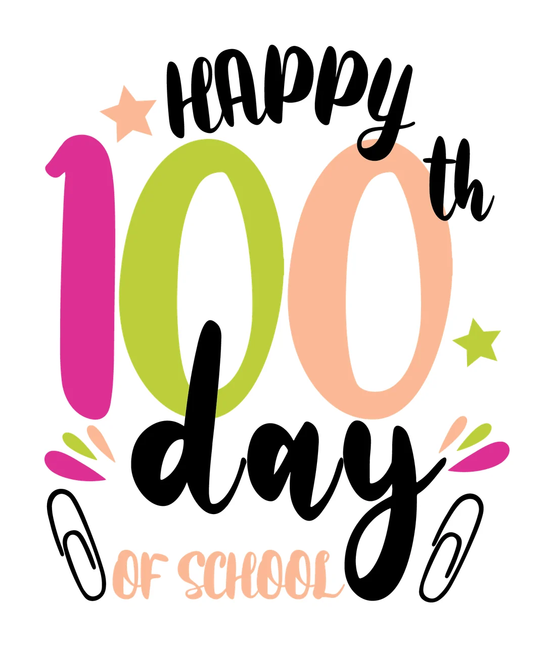 Happy 100Th Day Of School text and symbols stars paper clips