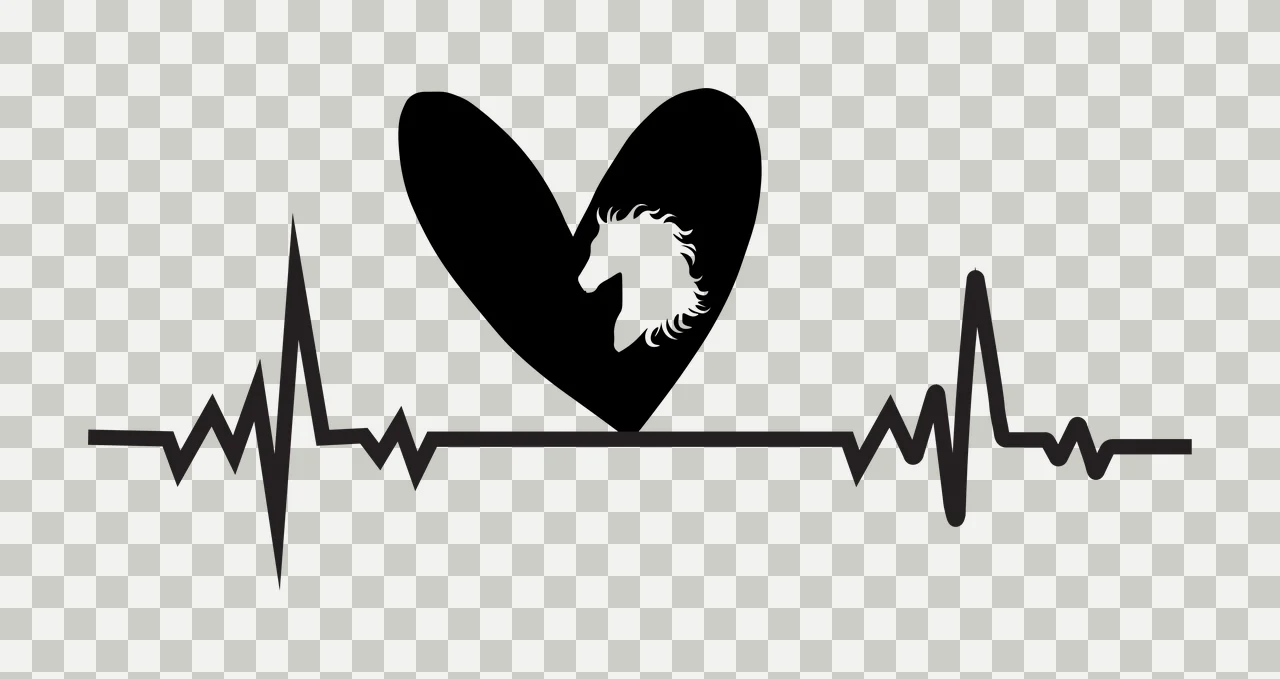 Line Art Illustration of Heart-shaped electrocardiogram design with horse silhouette with black heart, white horse head and black EKG line transparency and detail preview thumbnail