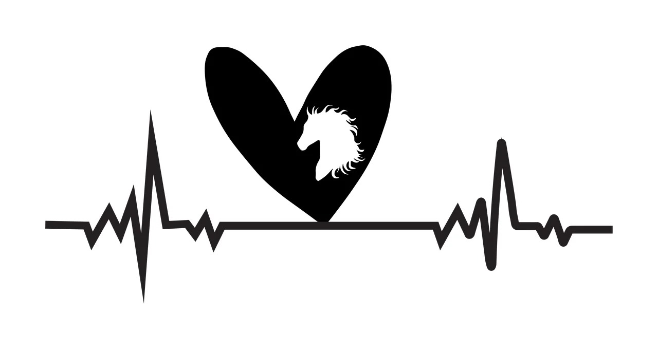 Line Art Illustration of Heart-shaped electrocardiogram design with horse silhouette with black heart, white horse head and black EKG line