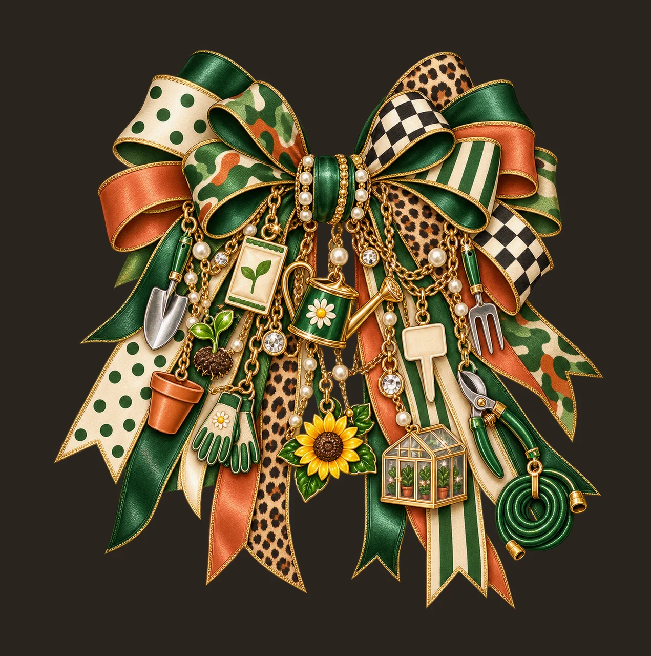 Gardener Seed Starter Bow Charm PNG, Themed Gold Chain Charms, Coquette Ribbon Sublimation Design, Transparent Digital Download contrast preview thumbnail
