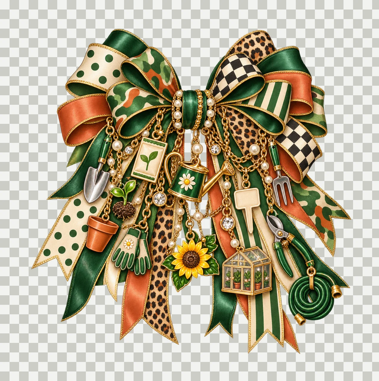 Gardener Seed Starter Bow Charm PNG, Themed Gold Chain Charms, Coquette Ribbon Sublimation Design, Transparent Digital Download transparency and detail preview thumbnail