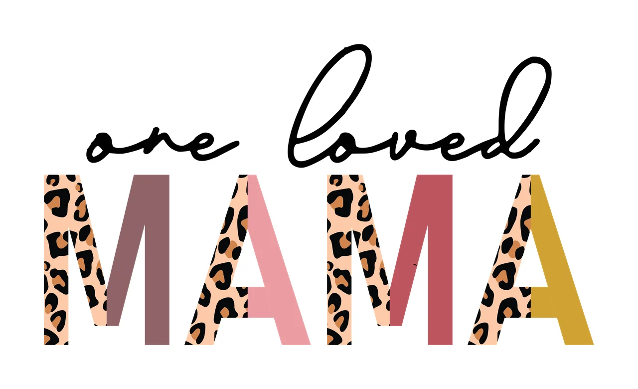 One loved MAMA Typography Design with black cursive text 'one loved', leopard print letters in 'MAMA', solid color blocks in 'MAMA' and letter 'M' with brown block in pink