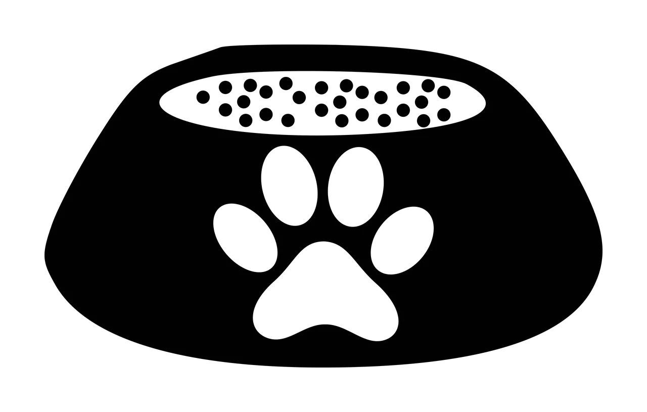 Pet food bowl icon Illustration with black bowl, white paw print, white oval kibble area and black kibble dots