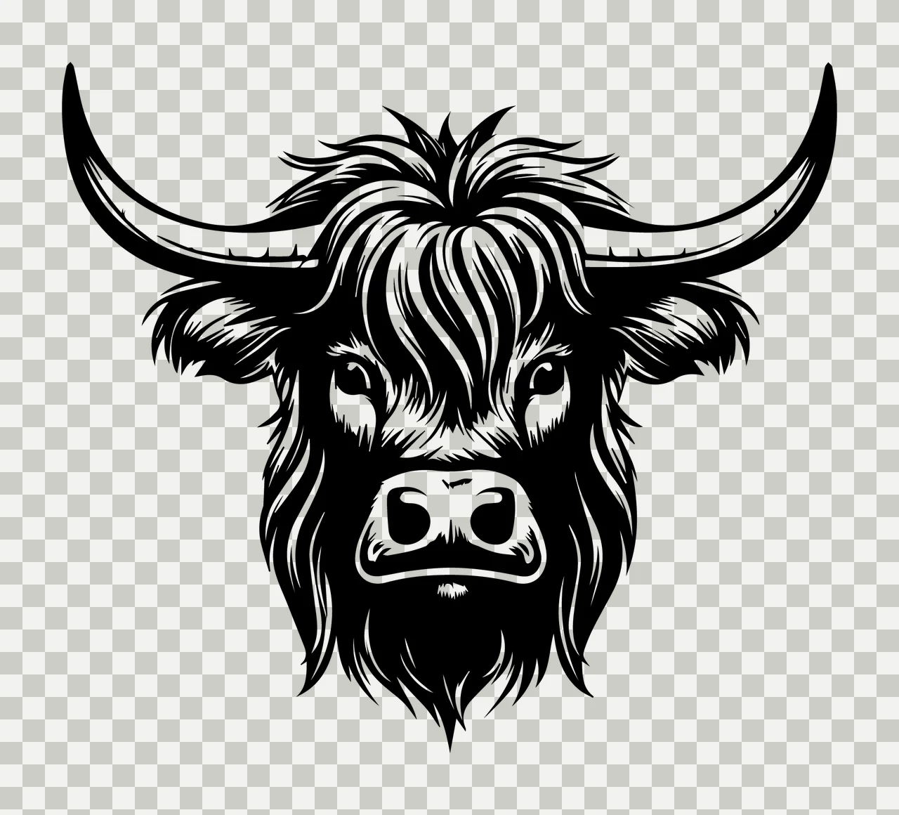 Highland Cow Head Black Silhouette Facing forward horns Detailed transparency and detail preview thumbnail