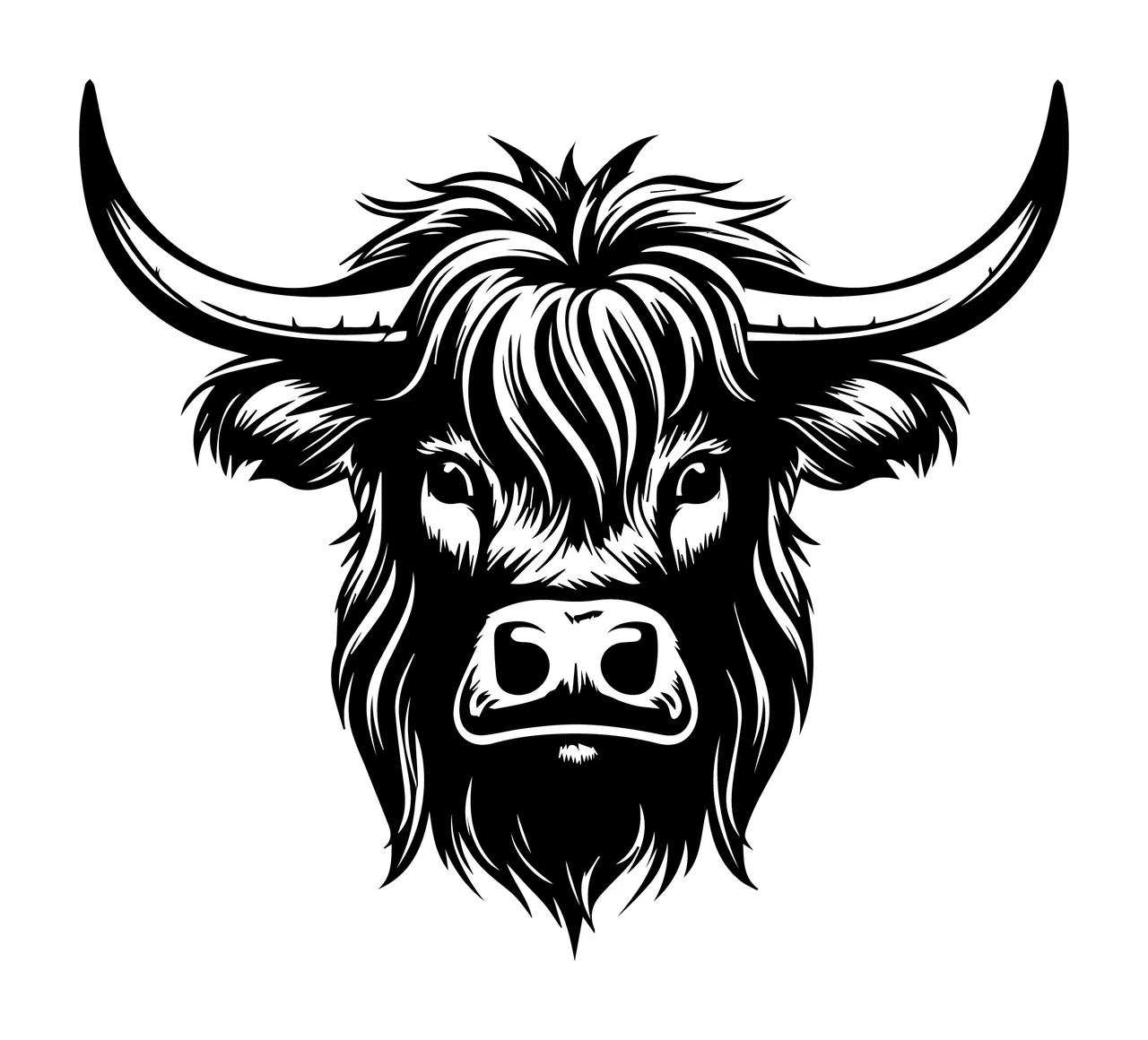 Highland Cow Head Black Silhouette Facing forward horns Detailed