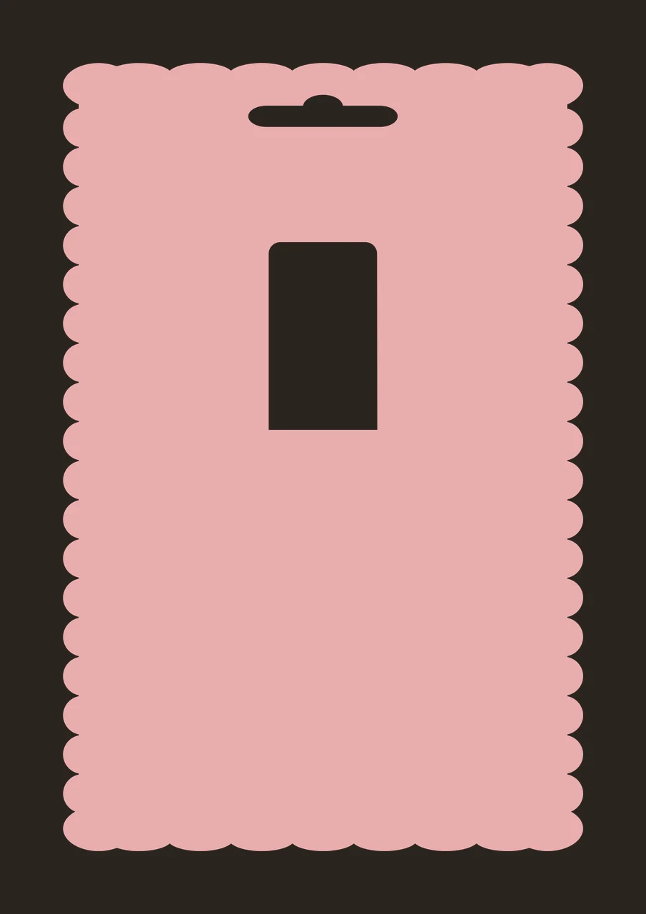 Packaging display card Illustration with scalloped edge, hanging hole slot, rectangular cutout and pink shape in white contrast preview thumbnail