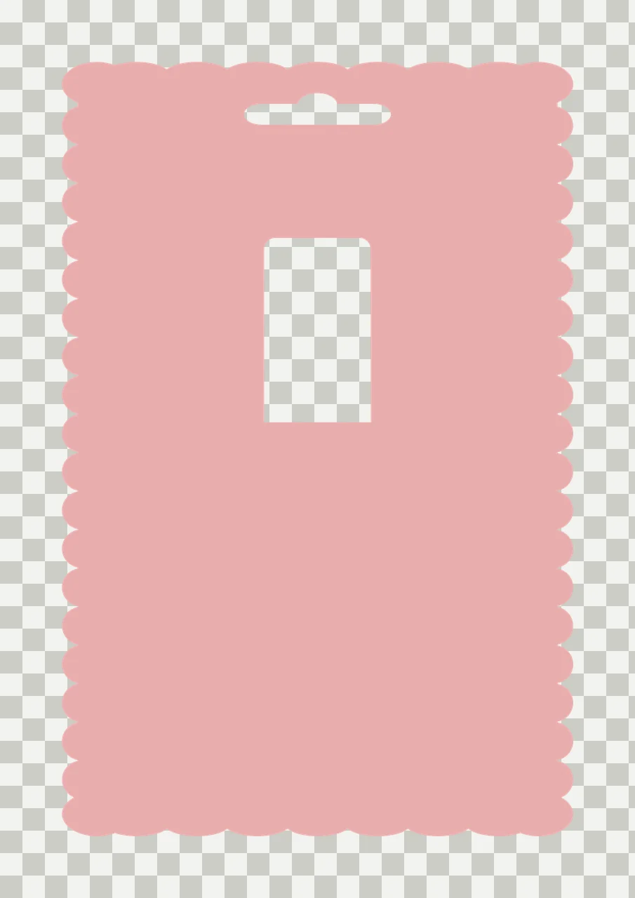 Packaging display card Illustration with scalloped edge, hanging hole slot, rectangular cutout and pink shape in white transparency and detail preview thumbnail