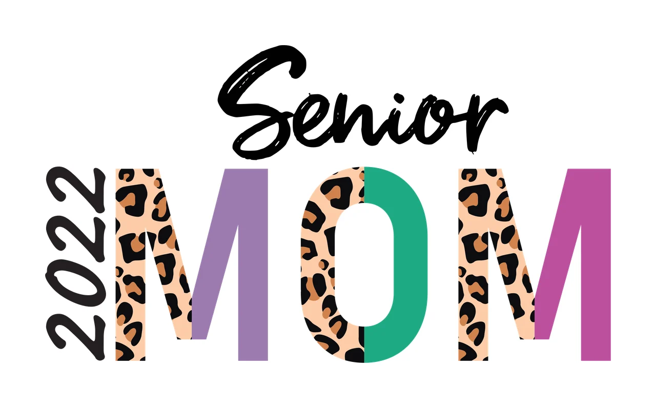 2022 Senior MOM Typography Design with black '2022' text, black 'Senior' script, leopard print 'M' left and purple 'O' left in beige and brown
