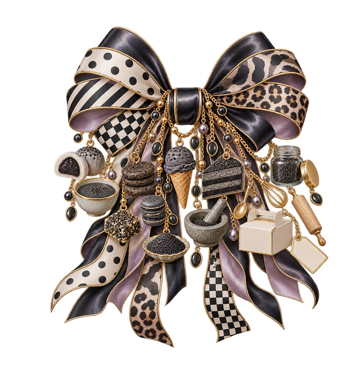 Black Sesame Dessert Lover Bow Charm PNG, Themed Gold Chain Charms, Coquette Ribbon Sublimation Design, Transparent Digital Download