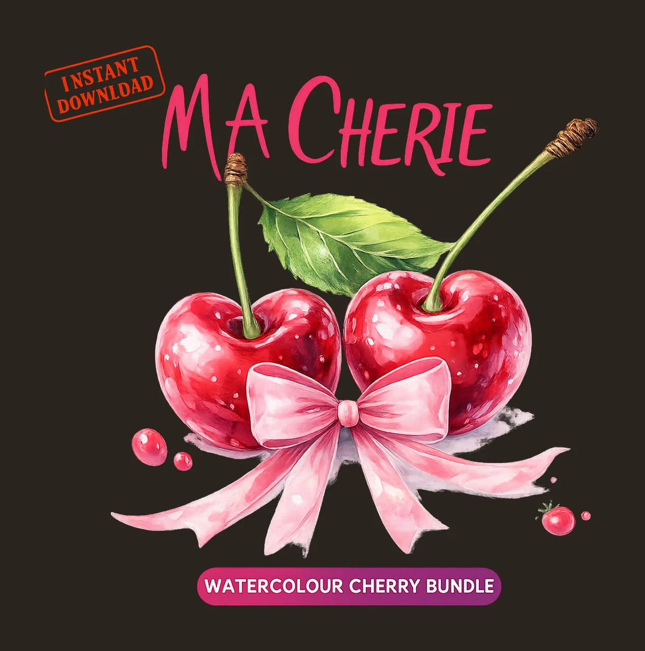 Watercolor Cherry Artwork Ribbon Bow Design Fruit Cherry Art contrast preview thumbnail