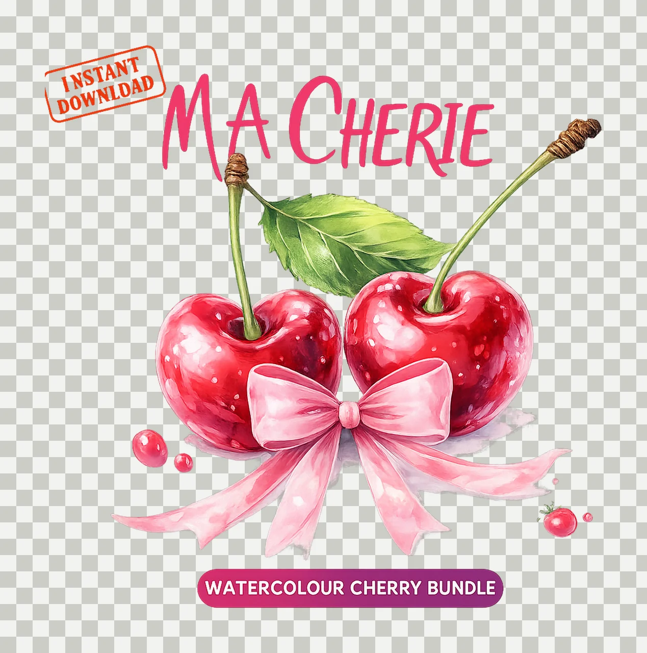 Watercolor Cherry Artwork Ribbon Bow Design Fruit Cherry Art transparency and detail preview thumbnail
