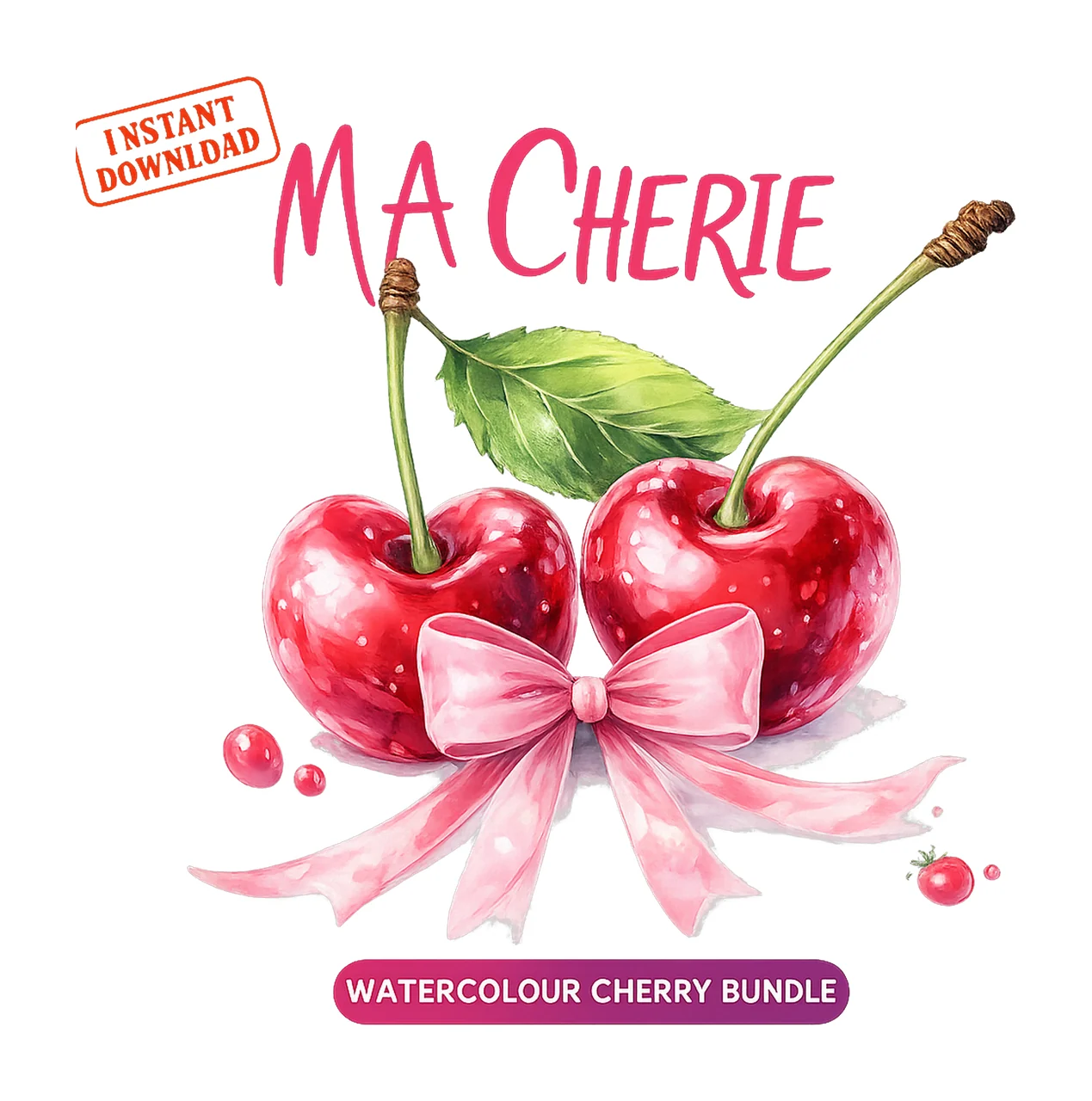 Watercolor Cherry Artwork Ribbon Bow Design Fruit Cherry Art