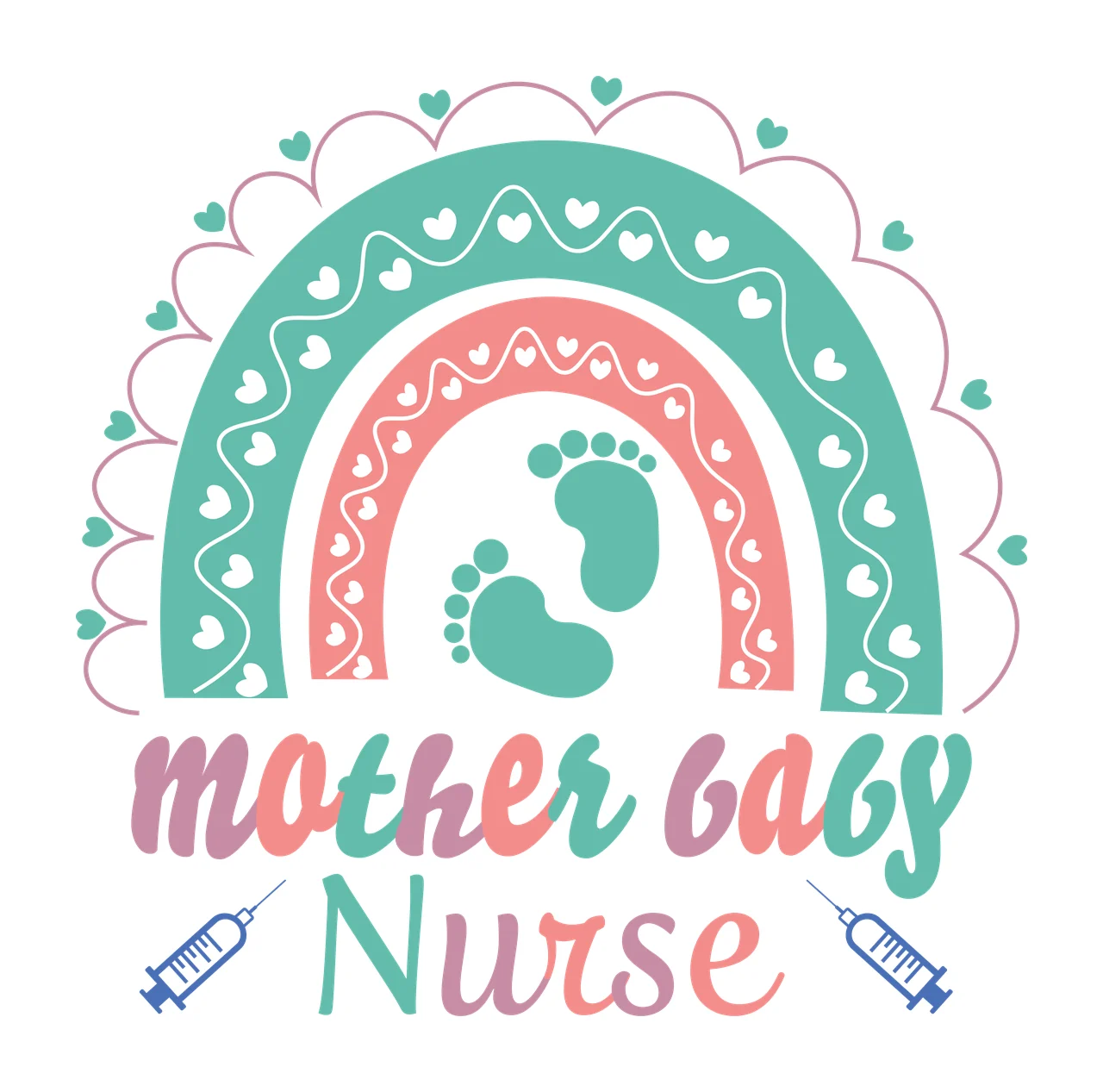 Mother Baby Nurse Black Rainbow With Heart Border footprints