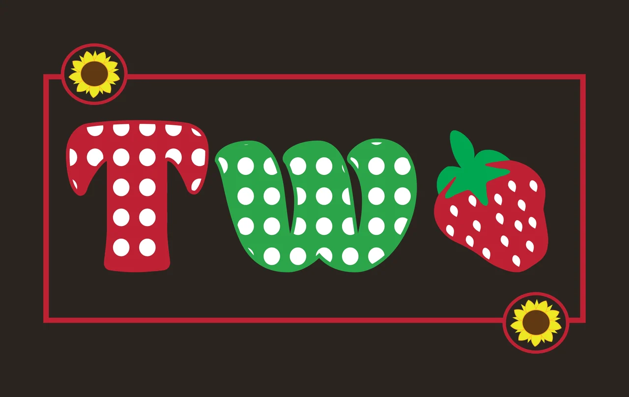 TW Typography Design with letter T, strawberry graphic, sunflower circular icons and rectangular frame border in red, green and yellow contrast preview thumbnail