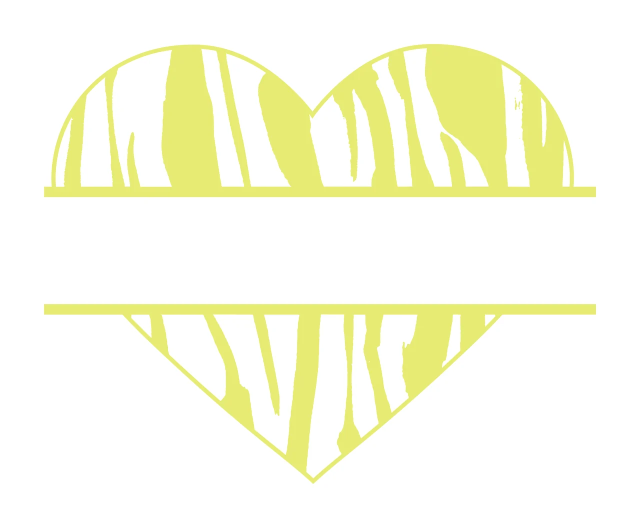 Split heart monogram frame with heart shape, zebra print, animal stripes and horizontal split in yellow and white