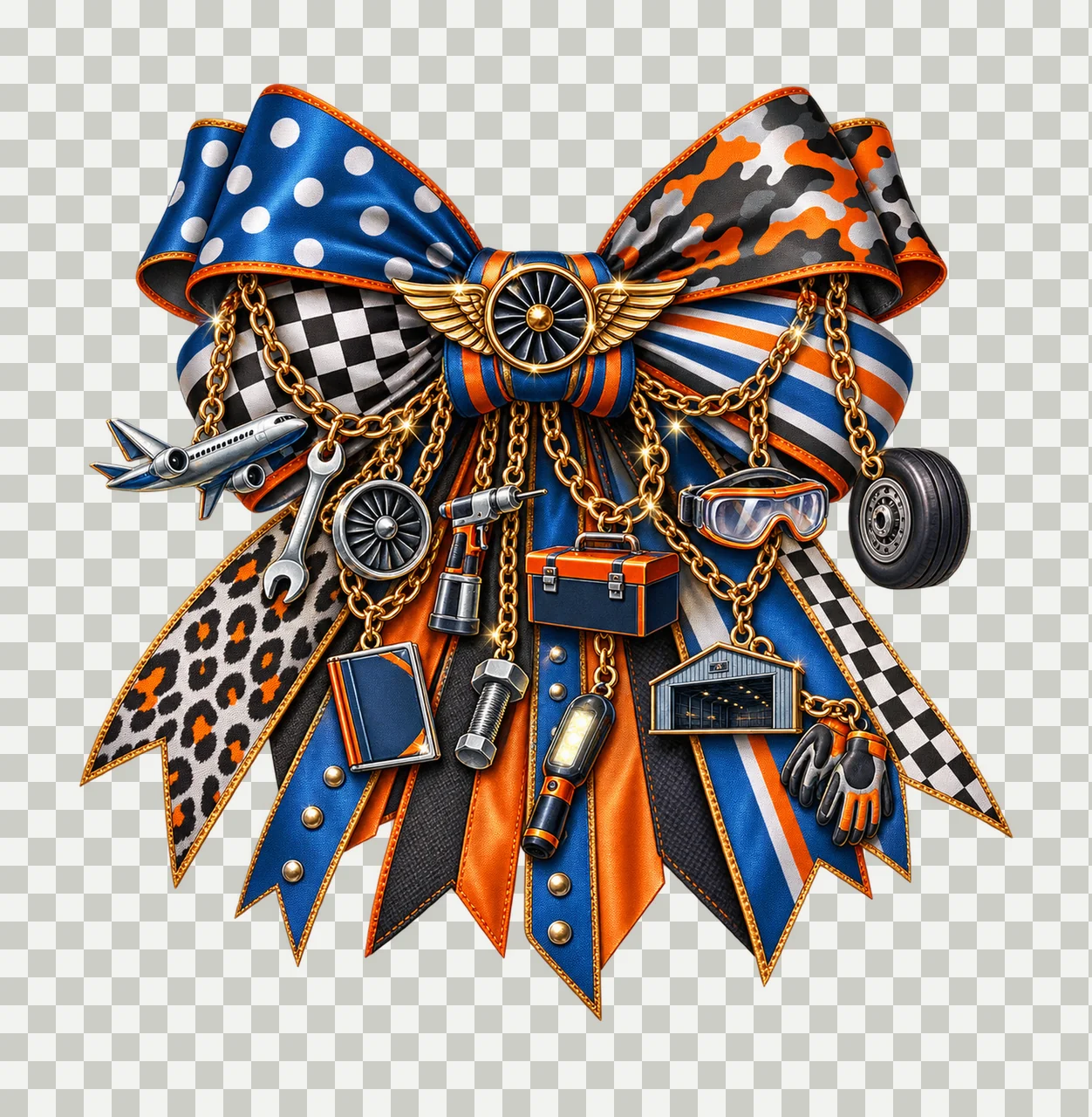 Aircraft Mechanic Bow Charm PNG, Themed Gold Chain Charms, Coquette Ribbon Sublimation Design, Transparent Digital Download transparency and detail preview thumbnail
