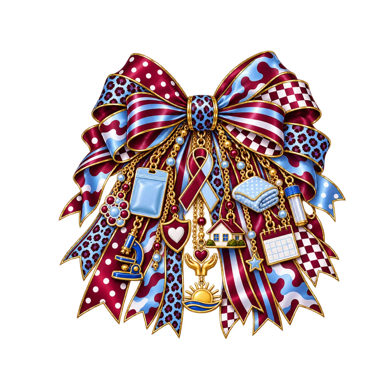 Cord Blood Awareness Bow Charm PNG, Gold Chain Charms, Transparent Sublimation Design, Digital Download