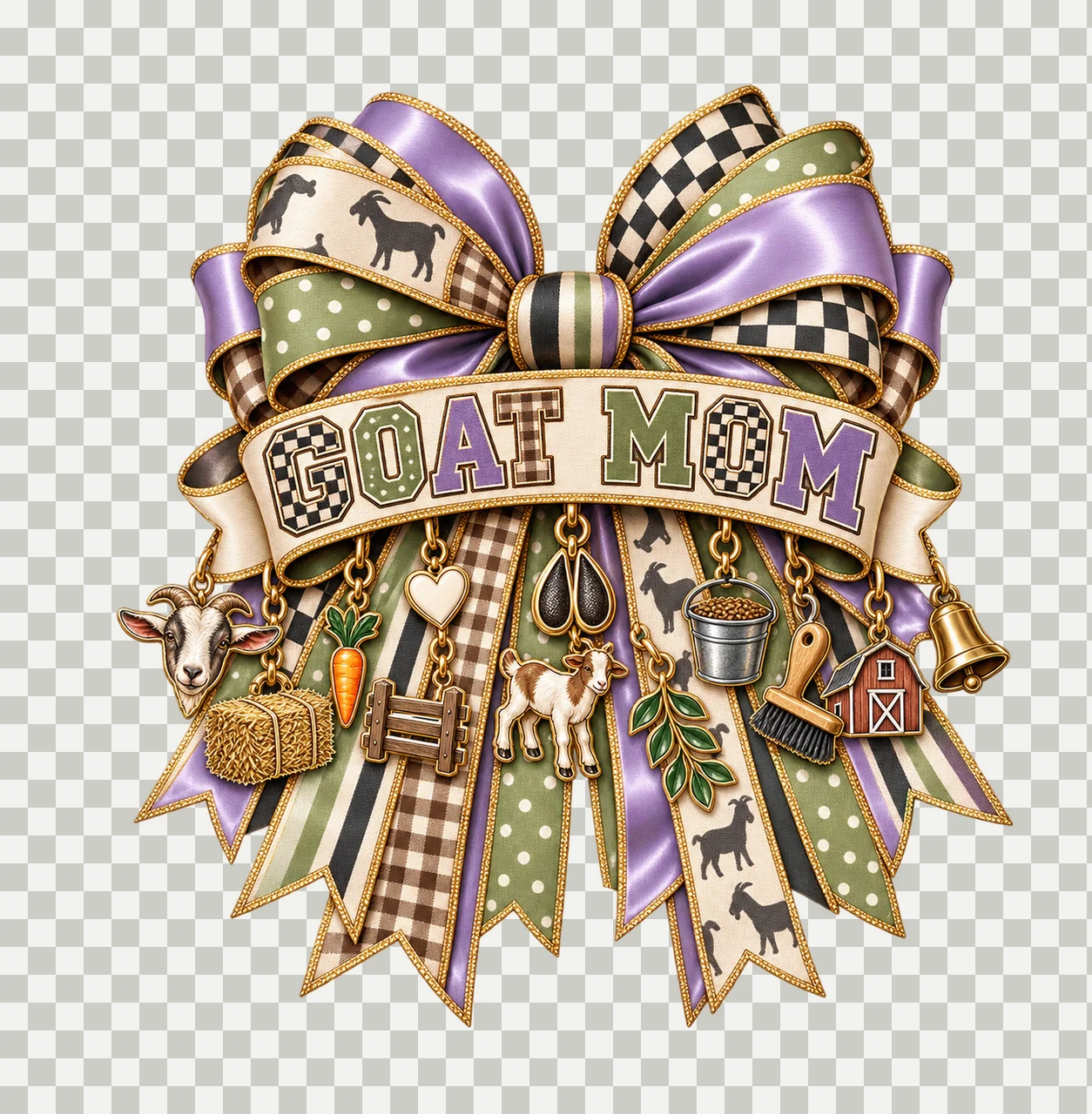 Goat Mom Bow Charm PNG, Patterned Varsity Mom Ribbon Clipart, Transparent Sublimation Digital Download transparency and detail preview thumbnail