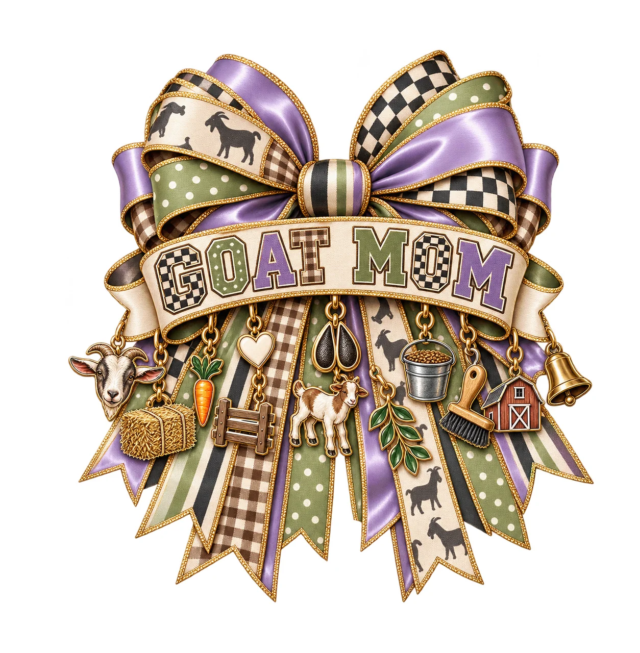 Goat Mom Bow Charm PNG, Patterned Varsity Mom Ribbon Clipart, Transparent Sublimation Digital Download