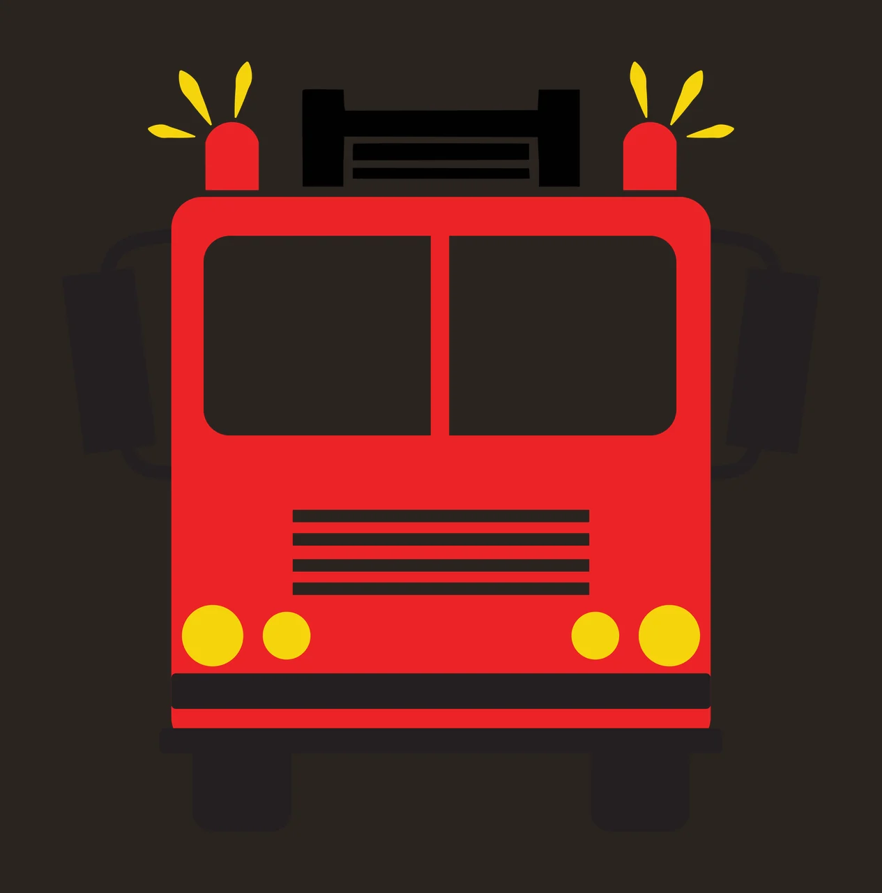 Fire truck Illustration with windshield, flashing emergency lights, side mirrors and radiator grille in red, black and yellow contrast preview thumbnail
