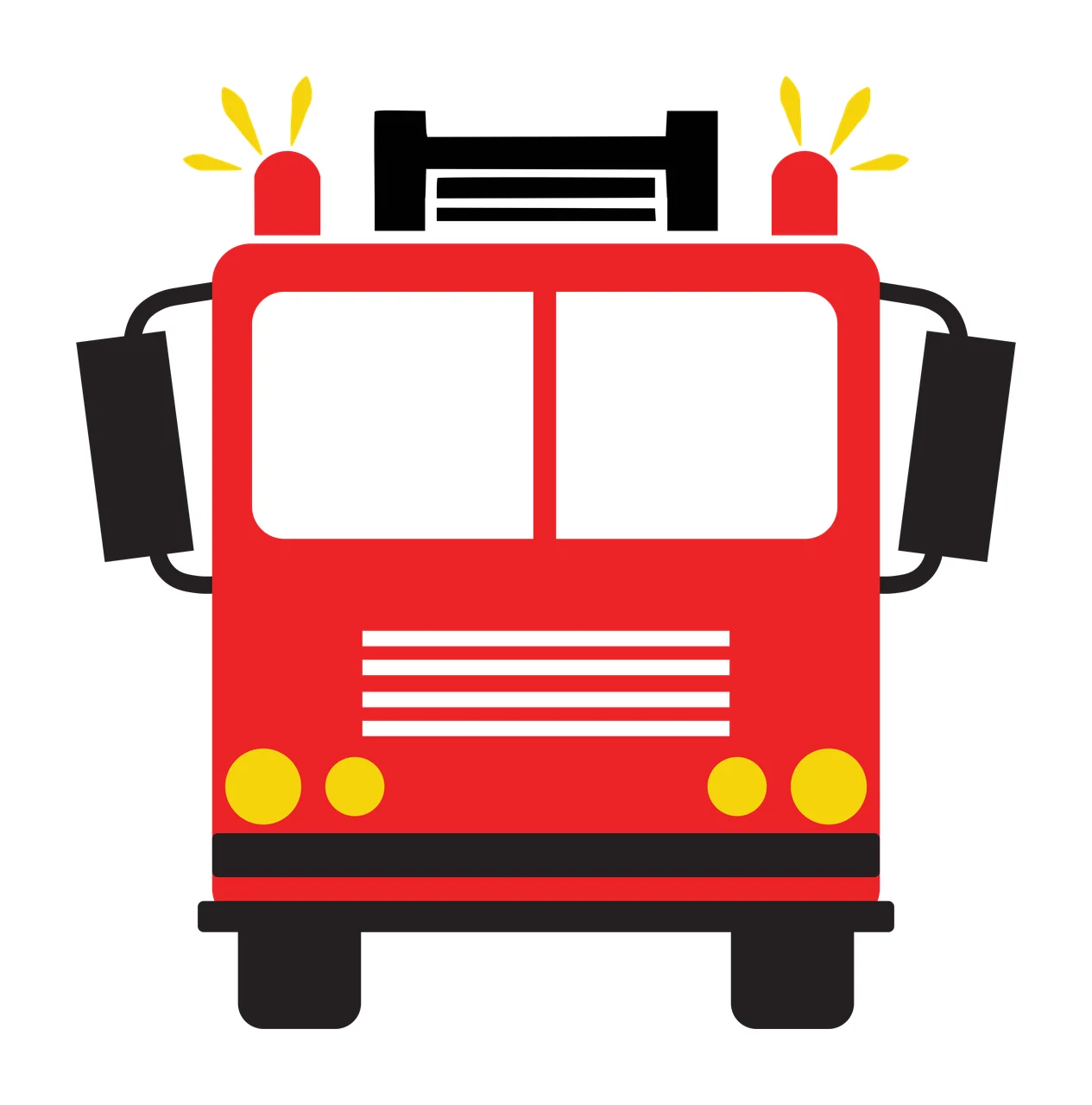 Fire truck Illustration with windshield, flashing emergency lights, side mirrors and radiator grille in red, black and yellow