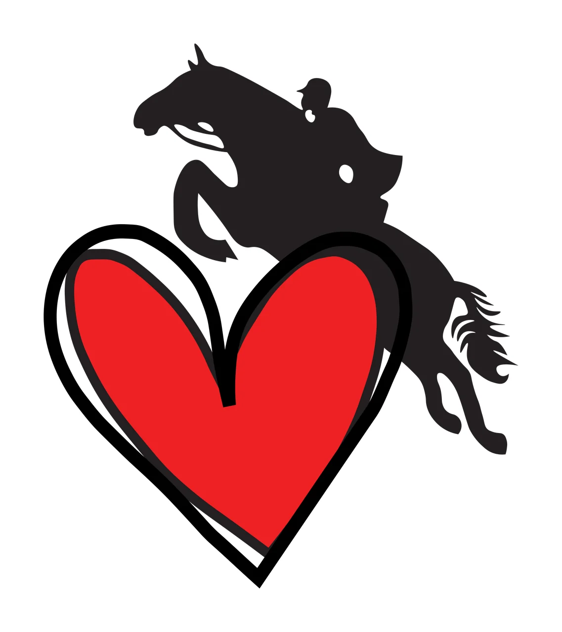 Rider and horse silhouette over heart Illustration with black silhouette of a rider on a rearing horse and red heart with black outline