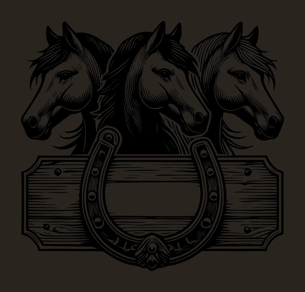 Horse Horses And Horseshoe Wooden Sign three heads posed board contrast preview thumbnail
