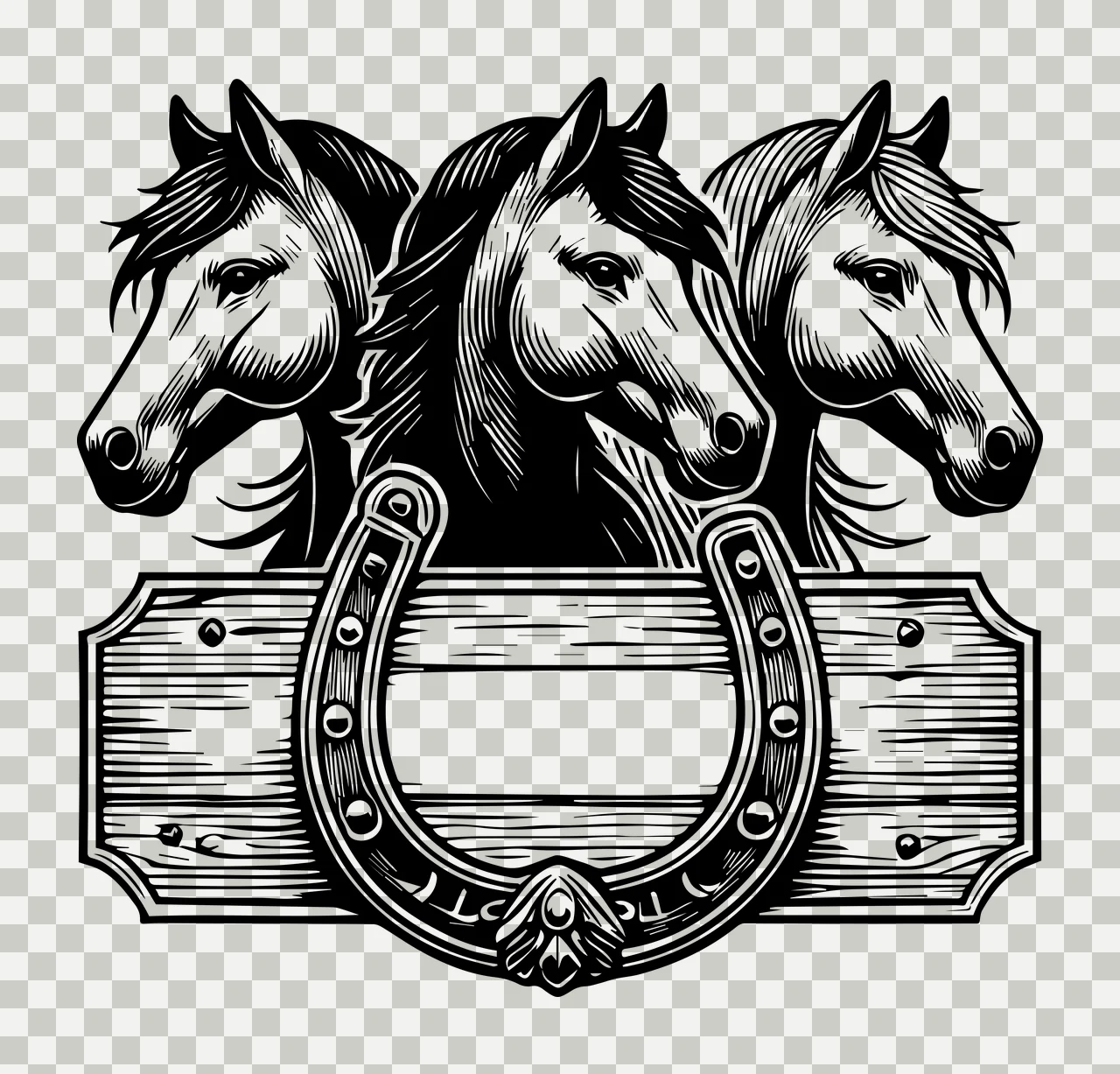 Horse Horses And Horseshoe Wooden Sign three heads posed board transparency and detail preview thumbnail